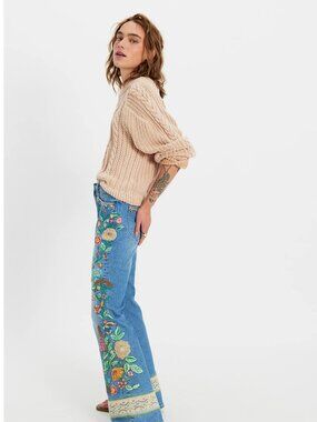 Free People x Driftwood Gardenia Farrah Embroidered Flare Jeans Size 26 | Boho F